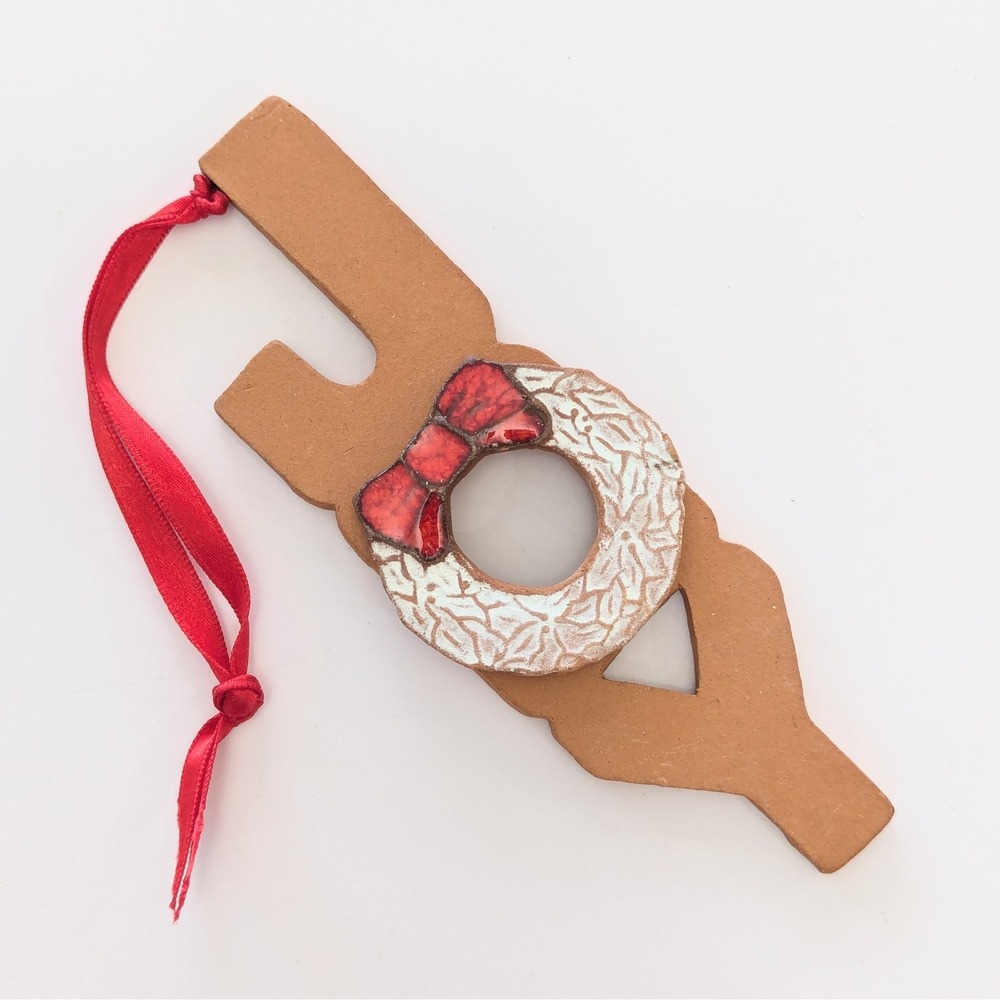 Handmade Georgia Clay JOY Christmas Ornament Wreath Folk Art Pottery Terracotta